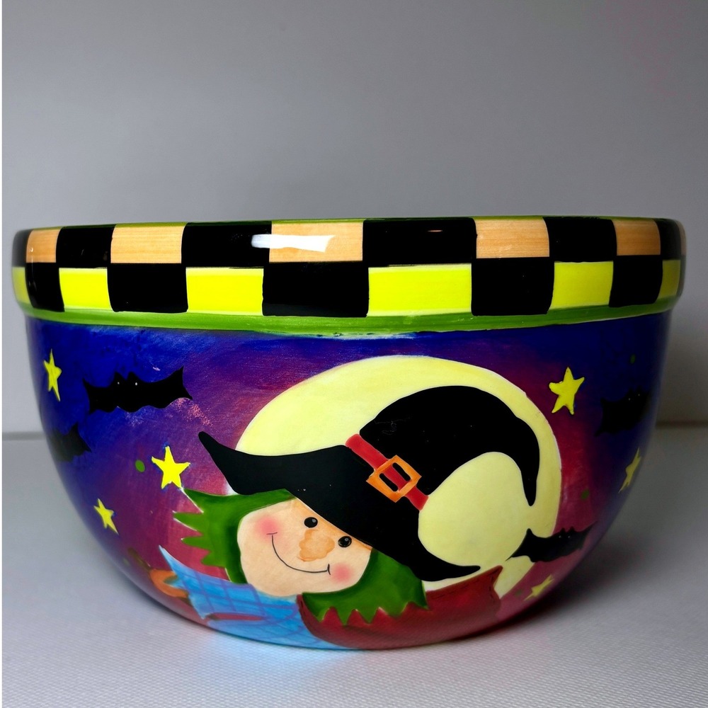 Vintage 2003 Halloween Candy Bowl Witch Cat Moon Checkered Rim Blue Ceramic 8in
